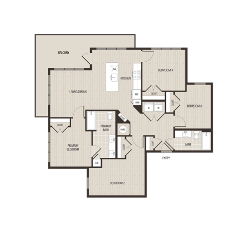 Floor plan for 4 beds, 2 baths, 1347 sqft